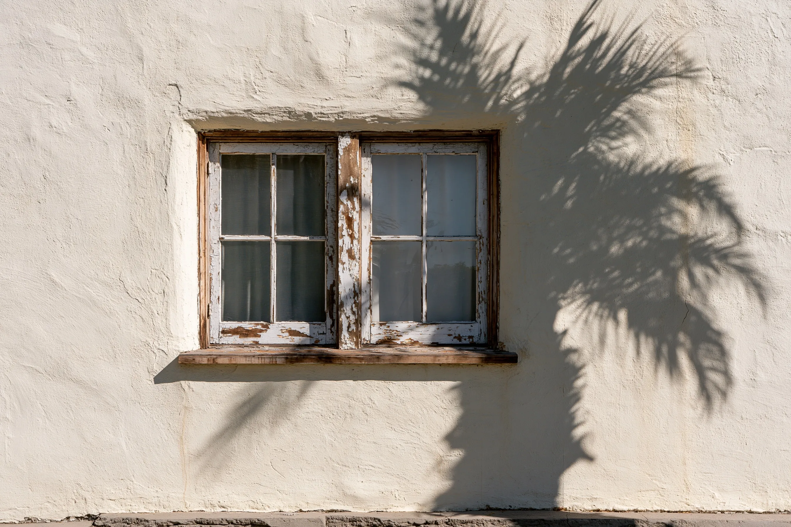 Painted wood windows with flaking paint set in the stucco wall of a 1940s-50s house